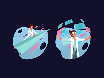 Scientist actions blouse branding colorful design digital art experiment humans illustration madcats overall paperplane position scientist white