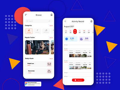 Workout or Fitness Tracker App activity app branding calendar cards clean app coach design fitness gym illustration interface ios personal trainer running ui ux weight workout yoga