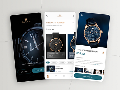 Emperor Watches App 3d 3d watch app app design branding classic classic app design color concept design emperor graditant graphic design premium royal typography ui ux vector watch app