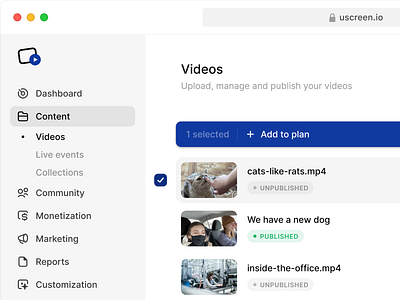 Video CMS - Bulk Actions add bulk check clean cms dashboard icons light sidebar table tags ui ux videos