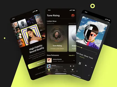 Music App Design Concept app dark theme dark ui design discover profile explore interaction ios mobile mobile app mobile app design music app music player app playlist simple subscription trial ui ux