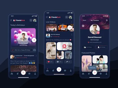 FriendsBook – Social Media Mobile App UI Kit #6 app design birthdays screen dark theme dating app friends app mobile app mobile ui kit social media app social media dashboard social media timeline social stories