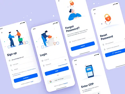 Login and Sign up Screens android app app design enter otp fonts forgot password illustration ios login login screen mobile mobile design mobile ui onboarding onboarding illustration otp signup splash ui design welcome