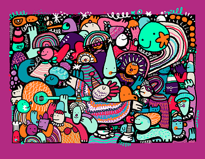 All together become a party cat colourful doddle art dog doodle doodle artist doodleart fish fun illustration illustration art neon party