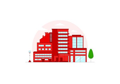 Shopping complex building illustration. building building illustration building vector city illustration flat flat illustration flat vector glass illustration lamp post red building shopping complex shopping mall simple illustration tree ui illustration ui vector vector window