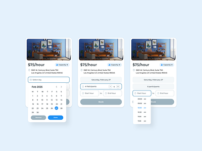 UI Card app booking date picker design input layout minimal ui web