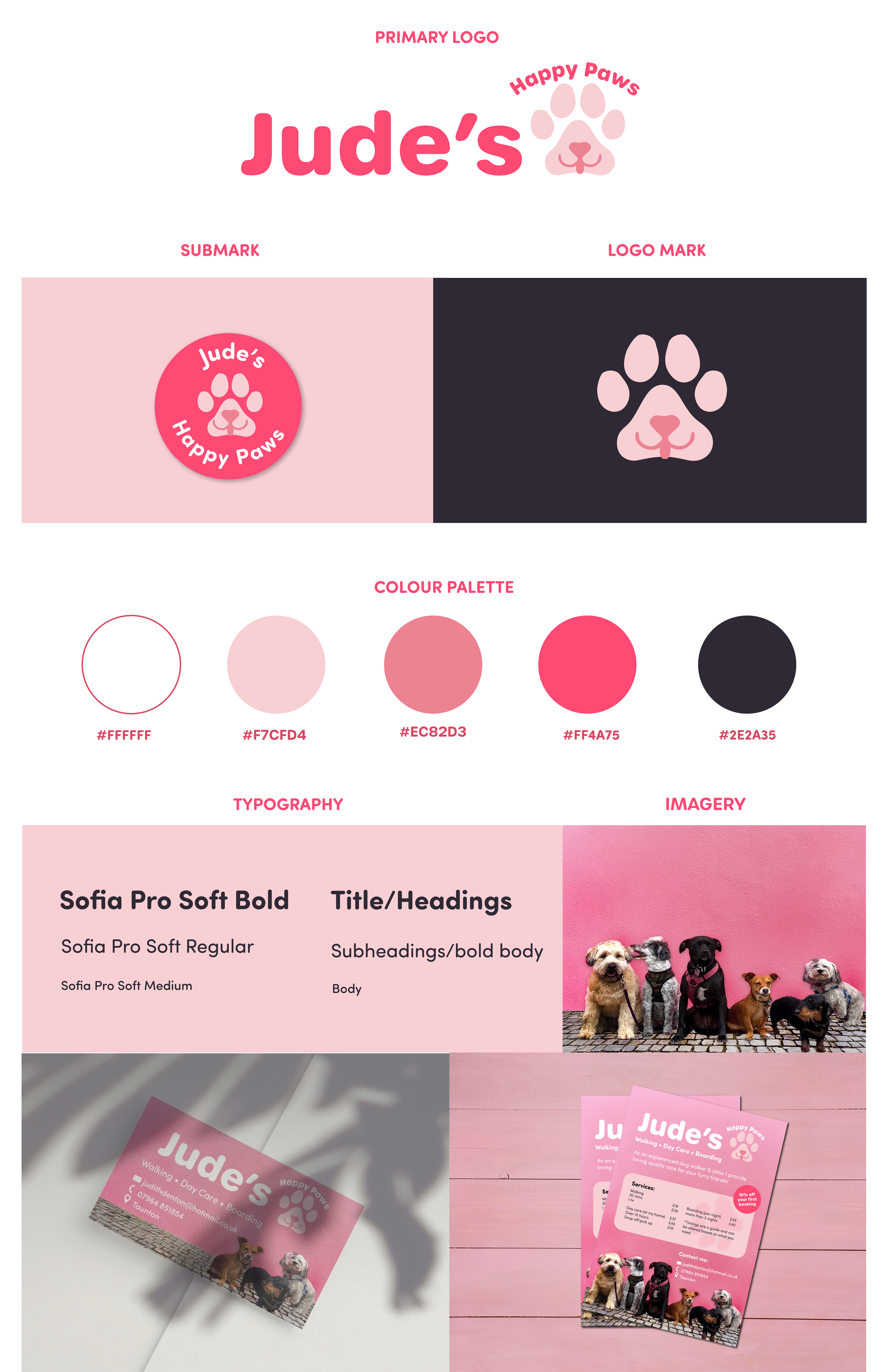 Happy Paws - Client Project brand guidelines branding business business card day care dog dog care dog walking doggy day care flyer graphic design illustrator leaflet photoshop pink