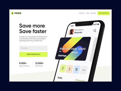 Prizie • Debit card | Landing page concept 3d animation banking c4d card credit debit design fintech investing landing page marketing minimal modern prizepool saving typography ux web website