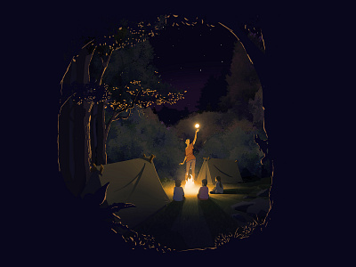 Campfire tale bonefire branding camp campfire camping children design fire illustration imaginary madcats nature night scenery squirrel stars stories trees vector