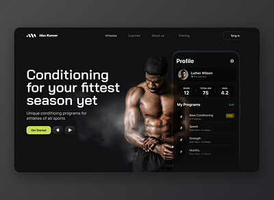 Mas Runner app website design app dark fitness hero hero image home page landing running sport ui ux website