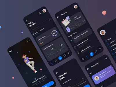 Task Management App UI 3d 3d design app screens clean dark mode theme dark ui design figma illustration mobile app task app task management typography ui ux