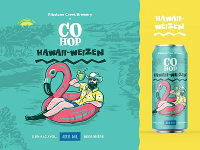 Hawaii-Weizen Beer Label beer can beer label brewery cowboy flamingo flowers hawaii illustration river
