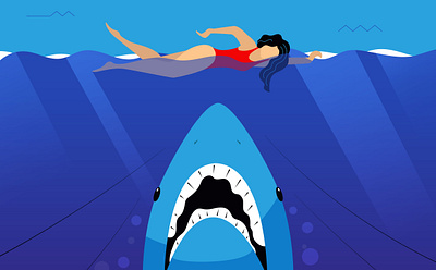 Nature. Dangers in underwater world, ocean. Swimming in summer animal beach blue danger fish flat girl illustration jaws nature ocean safety sea seaside shark summer swimming underwater world wave woman