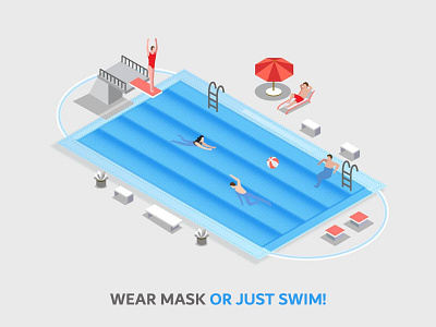 Safety Creative - Swimming on Mask - Health Awareness campaign blue white background dubai graphic design health awareness campaign health marketing illustration mask mohamed saquib safety mask saquib sheikh social media swimming pool vector vector illustration