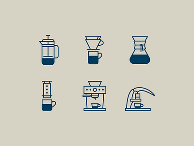 Coffee Brewing Icons aeropress branding brewing chemex coffee design espresso flair espresso french press icon design icons illustration line illustration monoline pour over