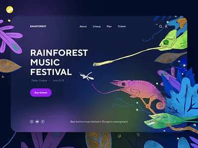 Music festival landing concept chameleon clean ui dark blue dark theme design trends entertainment glassmorphism illustration landing concept landing page multilayer music music festival neon colors night mode techno ui vibrant colors web design website