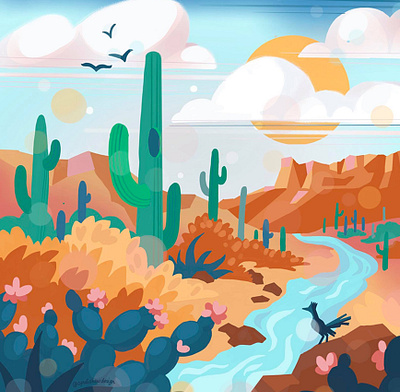 Streams in the Desert desert design digital painting illustration nature procreate roadrunner saguaro cactus story illustration