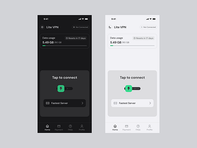 Lite VPN: Dark mode mobile app mobile vpn mobile vpn ui monile ui ui user experience user interface ux vpn