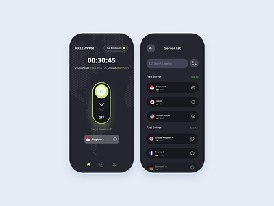 Freebies Preev VPN App app app vpn clean dark mode design interface minimalist mobile mobile app mobile vpn ui ux vpn