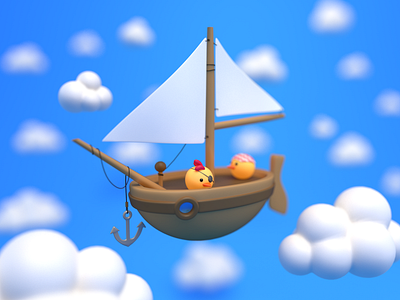 chicko ship 3d 3d ilustration blener c4d cartoonic chiken cinema4d cloud cute design illustration low poly maxon sea ship sky