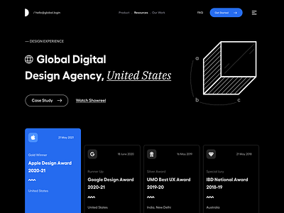 Landing Page UI agency awards blue clean website dark mode dark website design header hero landing page marketing page product design typography ui ui ux user experience ux website