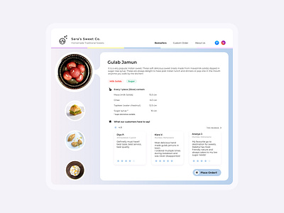 Indian sweet web UI - reviews, contents, order app branding graphic design product design ui website