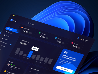 (Dark Mode) Invo — Invoicing Web Application activity app app design clean clients dark dark mode dashboard design finance app fintech fluent design glassmorphism invoice microsoft minimal payment ui web windows