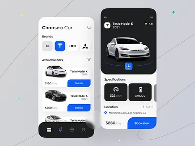 Car Rental Mobile App app bmw booking car card choose driver map mobile rental search tesla transport ui