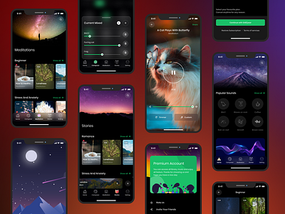 Relax Sound: Sleep Music creative dark dark mode graphic design layout meditation minimal mobile design mobile ui music playlist sleep sleepiest slide song splash therapy typography ui ui design