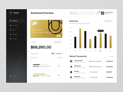 Uncard - Banking Dashboard bank banking class credit card dark dashboard finance fintech gold gradient overview payment premium ui ui design ux ux design