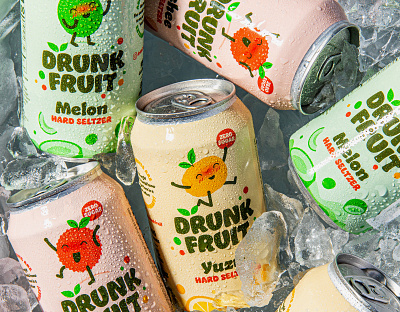 Drunk Fruit alcohol beverage branding can character colour drink drunk fruit fun hard seltzer illustration logo lychee melon packaging seltzer yuzu