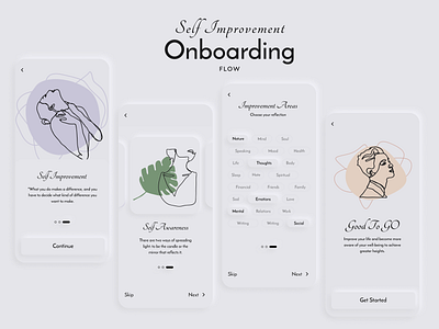 Onboarding Flow abstract creative dailyui design dribbble figma happiness illustration interaction design mobile app neuromorphism onboarding self improvement ui ui design ux