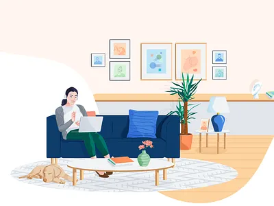 Work from home 2d from hand drawn home hr illustration living room work workable