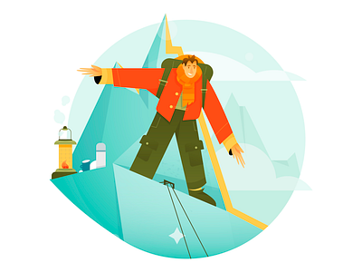 A man showing a way boy ceo character character design flat geometrical gradient hiking illustration jamoora lantern minimal mountain nature sport team team work vector