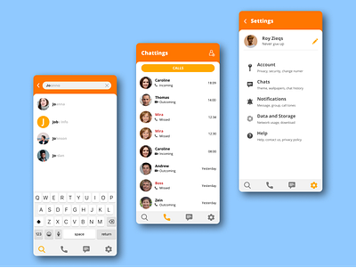 Chat apps app design call call page chat chat app design message mobile app mobile design search search page settings settings page ui