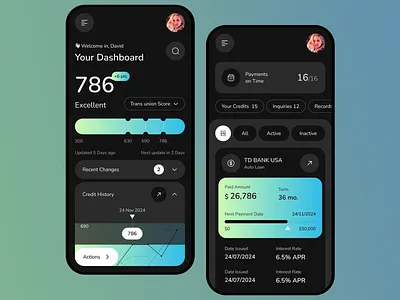 Credit App Dashboard credit credit management credit score dark mode dashboard design data visual e wallet finance finance analysis fintech green background intuitive design mobile app mobile banking online banking payment tracking sleek design ui user experience ux