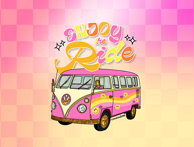 VW Bus Retro Illustration Art bus car color glitter graphic design illustration pink quote retro ride smiles type typography van vintage vw vw bus yellow