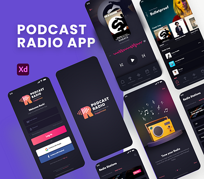 Podcast Radio App adobe xd adobexd daily ui dark design layout mobile app mobile app design mobile design mobile ui modern ui ui design ui ux uidesign uiux uiux design user experience user interface ux