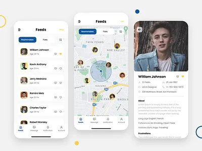 Finding Roommates & Flats App UI Design app design application dashboard design details flat mobile ut home page listing map mobile ui trading ui