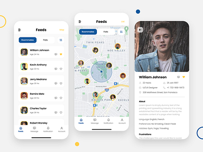 Finding Roommates & Flats App UI Design app design application dashboard design details flat mobile ut home page listing map mobile ui trading ui