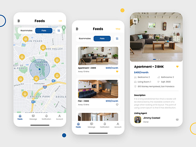 Finding Roommates & Flats App UI Design app design dashboard design home page listing map mobile app mobile ui trending ui ui ux design