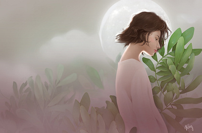 Moon digital painting girl illustration leaves magic moon nature silence