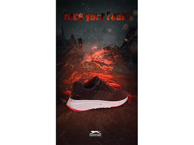 SP#4: Face your Fears abstract design ecommerce face fears fire graphic design photo editing photo retouching photoshop poster design promotional design shoe design shoe poster web