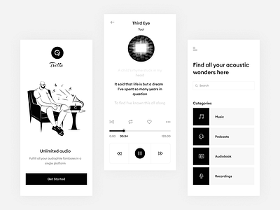 Audio streaming platform akhil sunny audio player black and white design flutter app icons illustration light mode logo minimal mobile mobile app mobile application mobile ui mp3 pixalchemy podcast ui ui ux ux