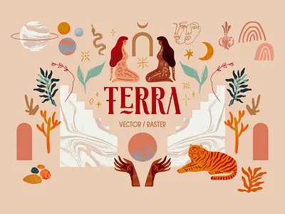Terra Bundle abstract boho bundle characters feminine feminist illustration luna magic modern mystical neutral set strong woman terracotta vector warm woman