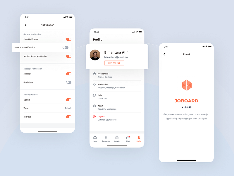 Joboard - Notification about app design employee employer hiring hiring platform illustration job job application job board logo minimal mobile notification profile ui ui kit ux vacancy