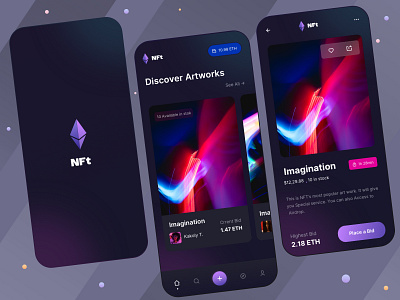 NFT Mobile Marketplace artwork clean crypto crypto app dailyuichallenge design ios app marketplace minimal mobile mobile app mobile interface mobile ui nft nft app nft art ui design uiux wallet web design