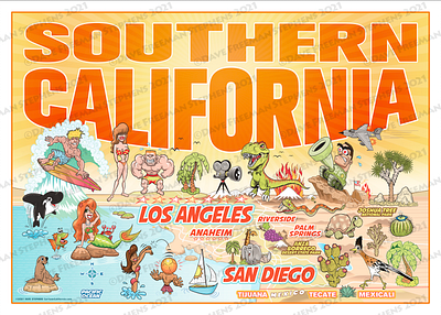 Combo Postcard & Poster SoCal Souvenir beach branding california souvenir cartoon cartoon california cartoon map childrens poster art cute california cute mermaid design illustration kids kids wall art los angeles los angeles souvenir mermaid military pop art san diego san diego souvenir