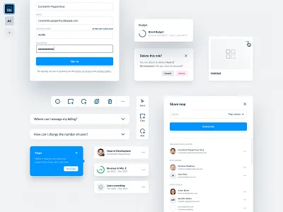 Modals and Design Components for Con Cubo buttons cards components dashboard design design system fields form icons menu modules product sign up form styleguide styles tool bars ui user interface visual identity web app