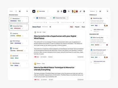 Mind Palace App / Explore Page community design feed filter flow media mind map notes pivot post search sidebar tags ui ux web website